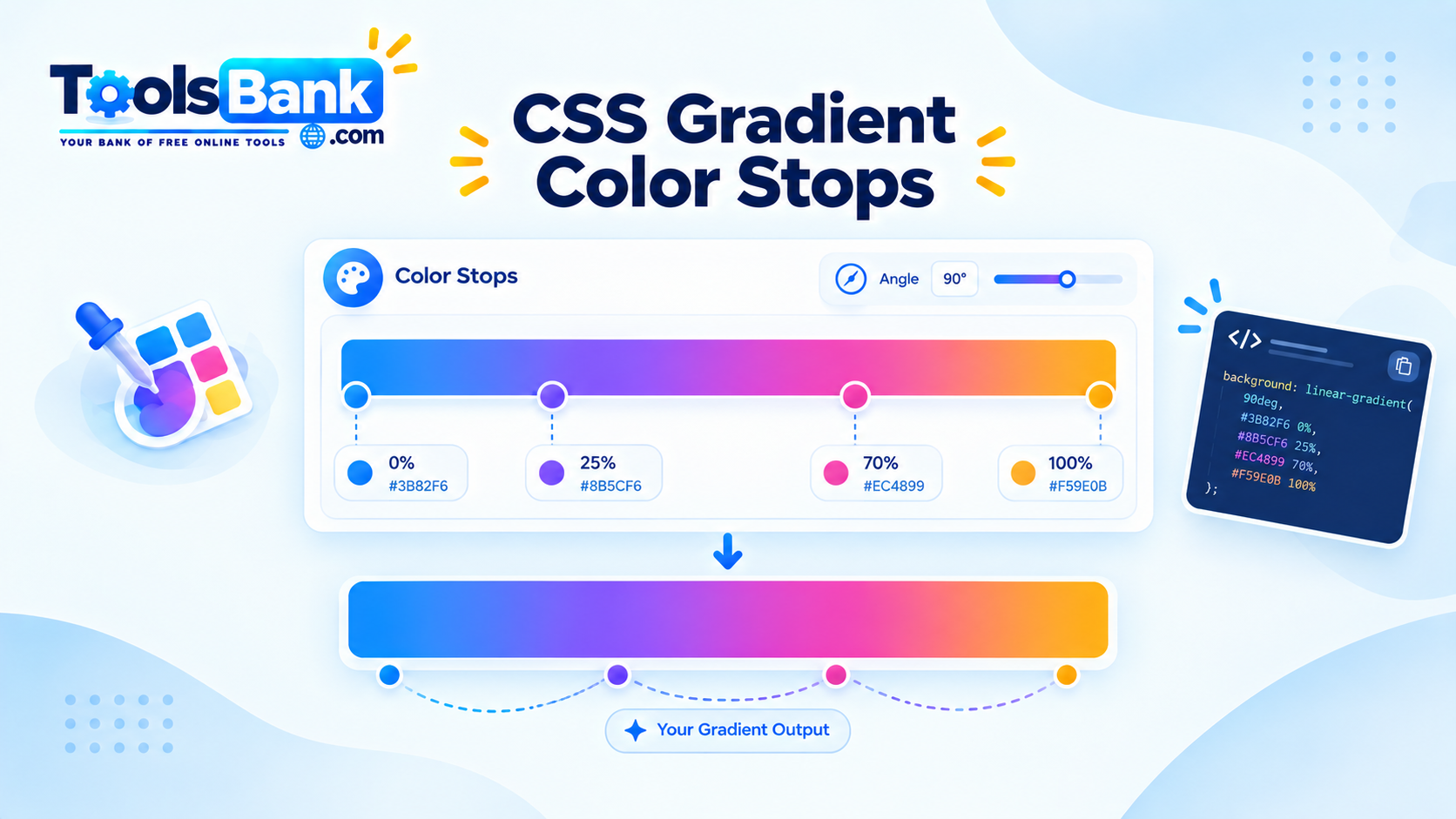 CSS gradient editor showing multiple color stops and their positions<br><br>
